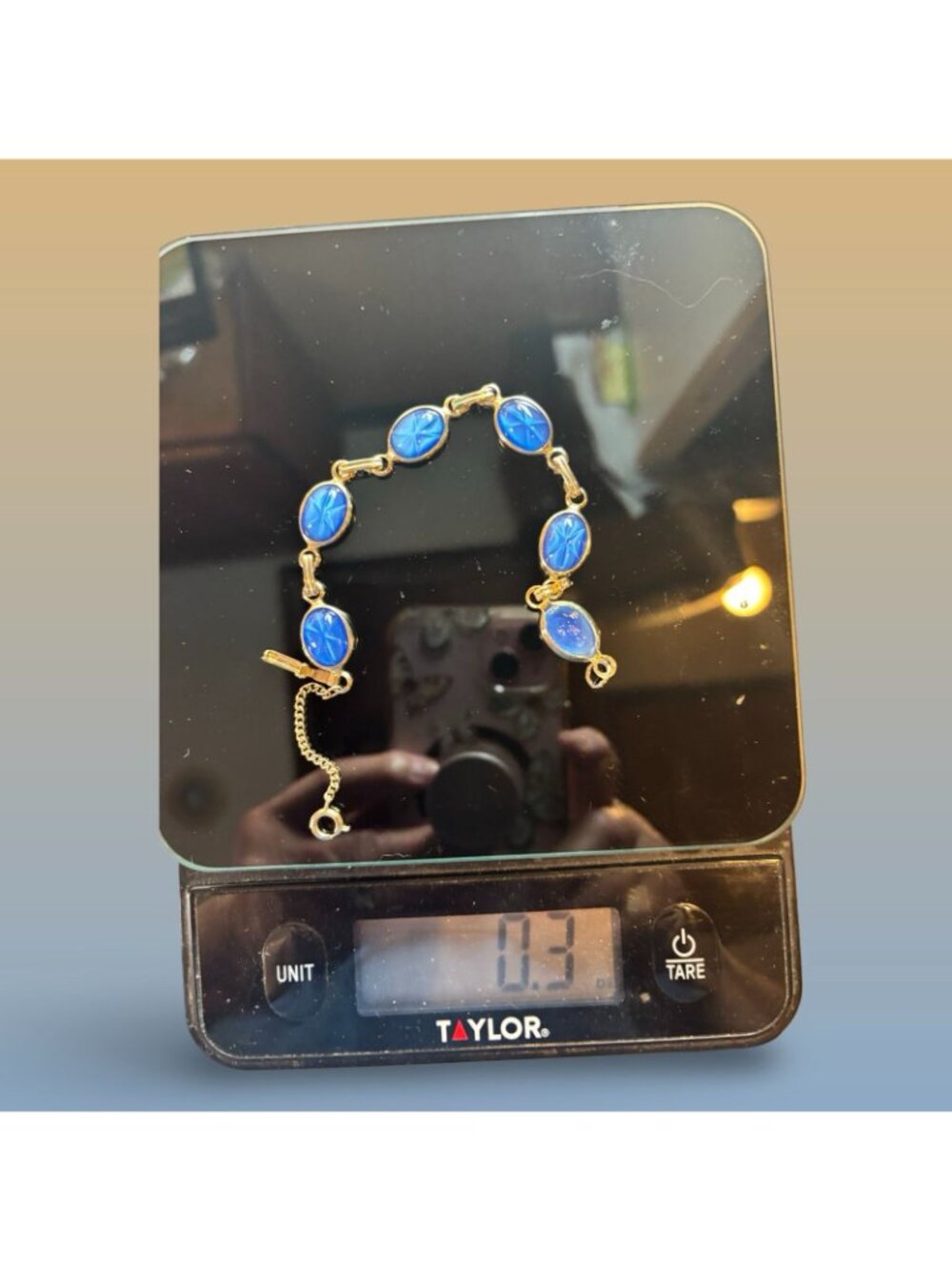 Blue Star Glass Oval Link Bracelet With Gold-Tone Chain & Clasp Vintage Gift - Picture 8 of 9